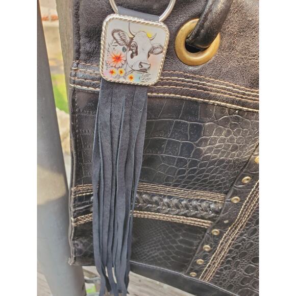 Handmade cow lover boho Leather Fringe Western bag charm, Long fringe keychain - Picture 2 of 3